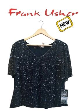 FRANK USHER Black Bead Sequin Top Short Sleeve Silk Cocktail Formal NWT Wmn 12